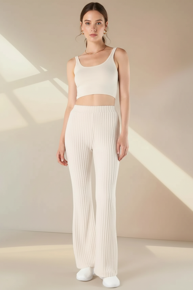 Pantalon Fluide Écru Côtelé Évasé Confortable Élégant - Beige Maille