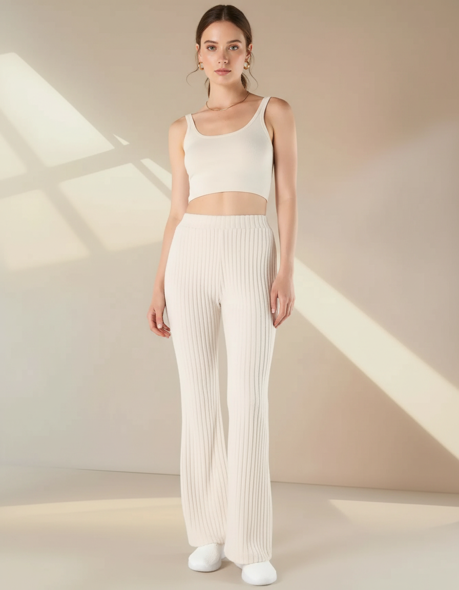 Pantalon Fluide Écru Côtelé Évasé Confortable Élégant - Beige Maille