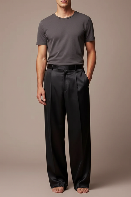 Pantalon Fluide Noir Satin Plissé Ample Homme