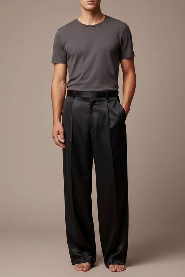Pantalon Fluide Noir Satin Plissé Ample Homme