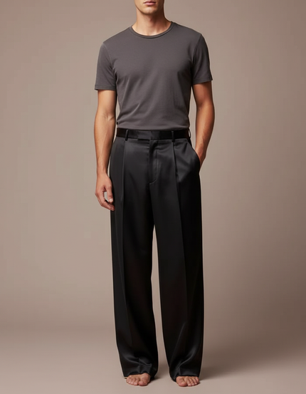 Pantalon Fluide Noir Satin Plissé Ample Homme