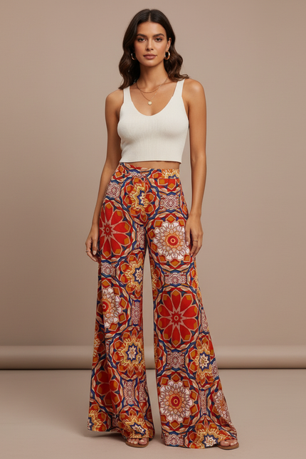 Pantalon Fluide Imprimé Floral Ample Bohème Éléments Géométriques - Multicolore Viscose