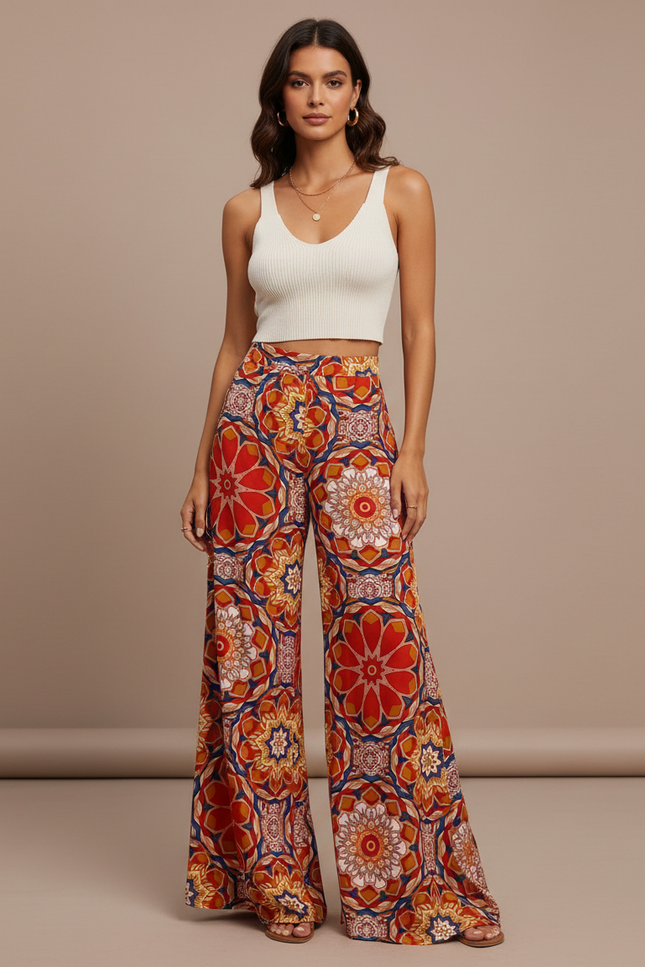 Pantalon Fluide Imprimé Floral Ample Bohème Éléments Géométriques - Multicolore Viscose