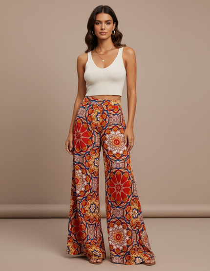 Pantalon Fluide Imprimé Floral Ample Bohème Éléments Géométriques - Multicolore Viscose