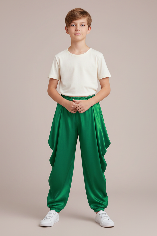 Pantalon Fluide Vert Satiné Ample Harem Garçon