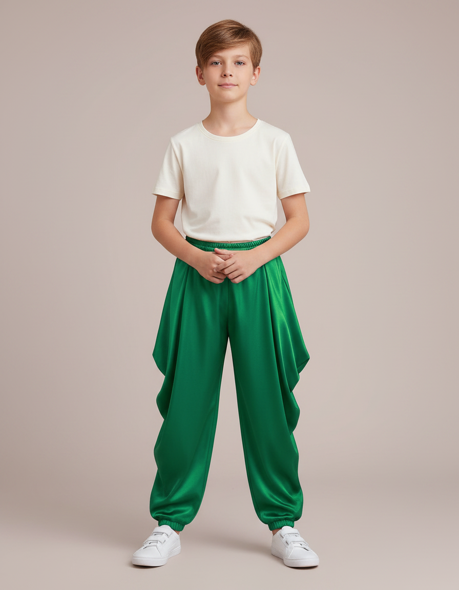 Pantalon Fluide Vert Satiné Ample Harem Garçon