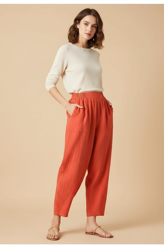 Pantalon Fluide Lin Coton Ample Carotte Orange