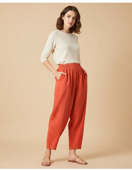 Pantalon Fluide Lin Coton Ample Carotte Orange