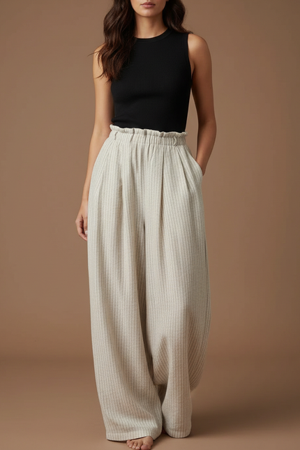 Pantalon Fluide Beige Rayé Ample Taille Haute Décontracté - Viscose