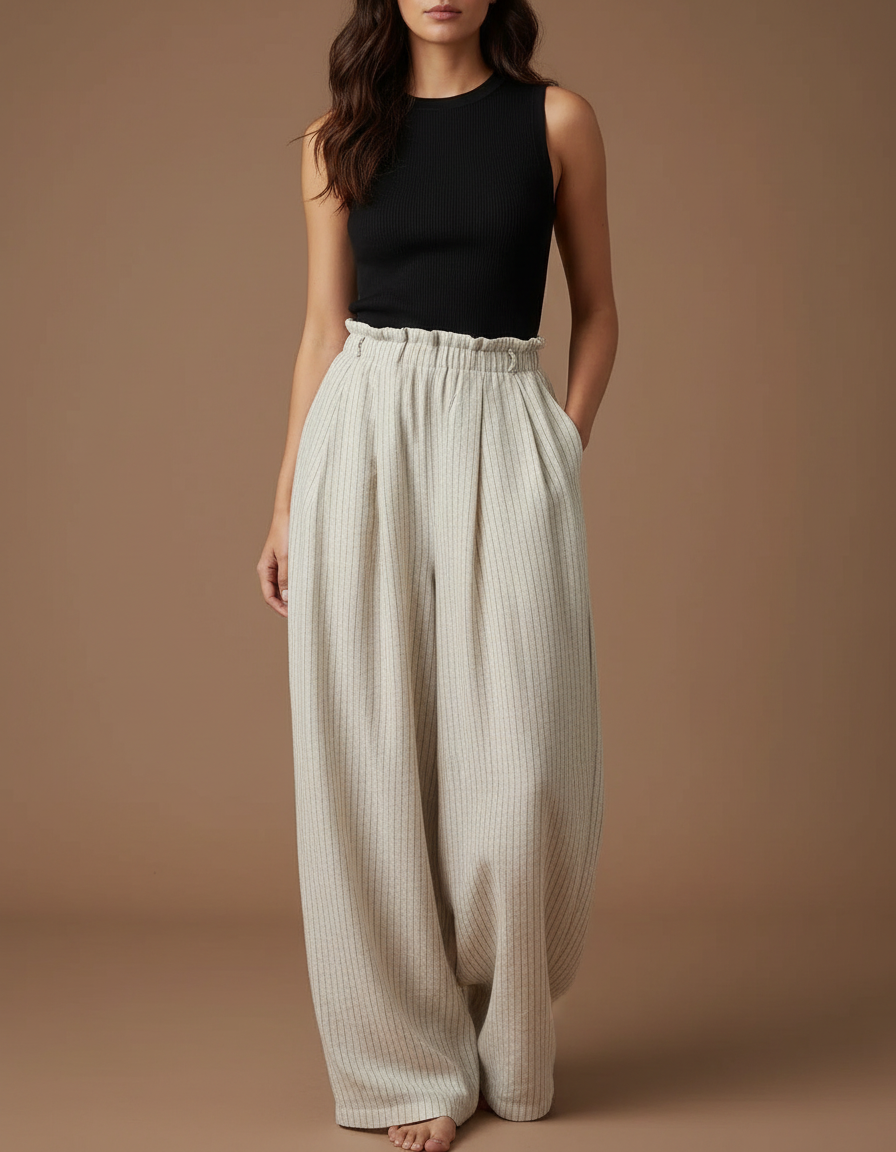 Pantalon Fluide Beige Rayé Ample Taille Haute Décontracté - Viscose