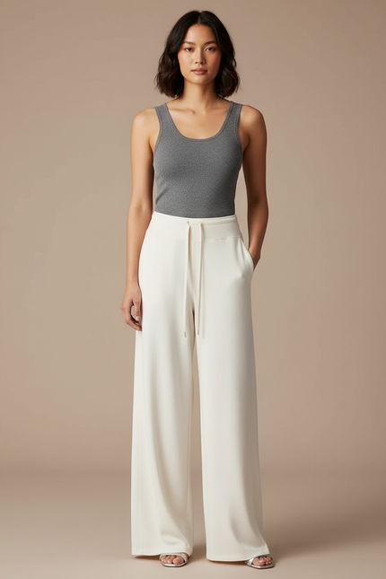 Pantalon Fluide Écru Ample Cordon Décontracté Élégant - Beige Maille