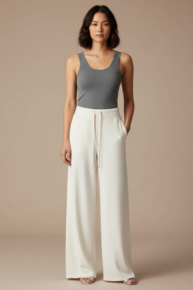 Pantalon Fluide Écru Ample Cordon Décontracté Élégant - Beige Maille