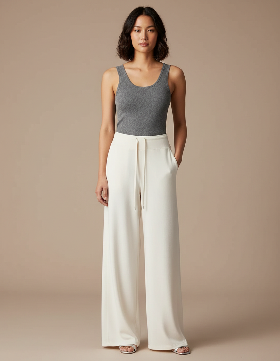 Pantalon Fluide Écru Ample Cordon Décontracté Élégant - Beige Maille