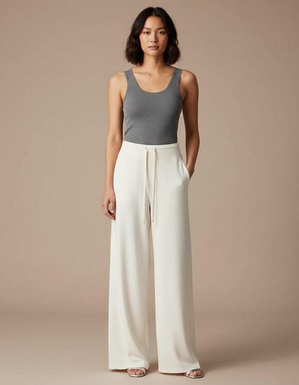 Pantalon Fluide Écru Ample Cordon Décontracté Élégant - Beige Maille