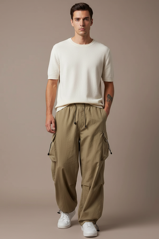 Pantalon Fluide Cargo Kaki Ample Décontracté Homme - Polyester