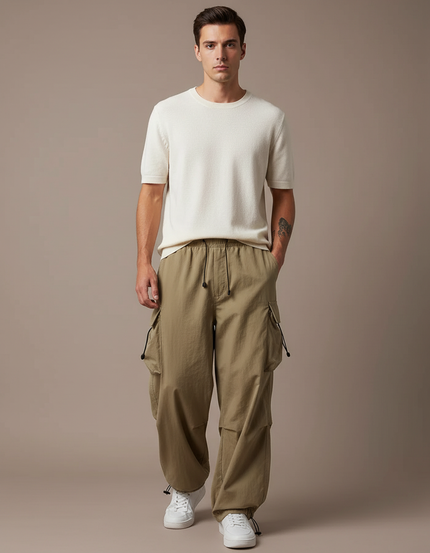 Pantalon Fluide Cargo Kaki Ample Décontracté Homme - Polyester