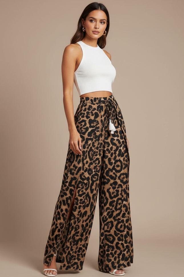 Pantalon Fluide Léopard Fendu Large Taille Haute - Imprimé Viscose