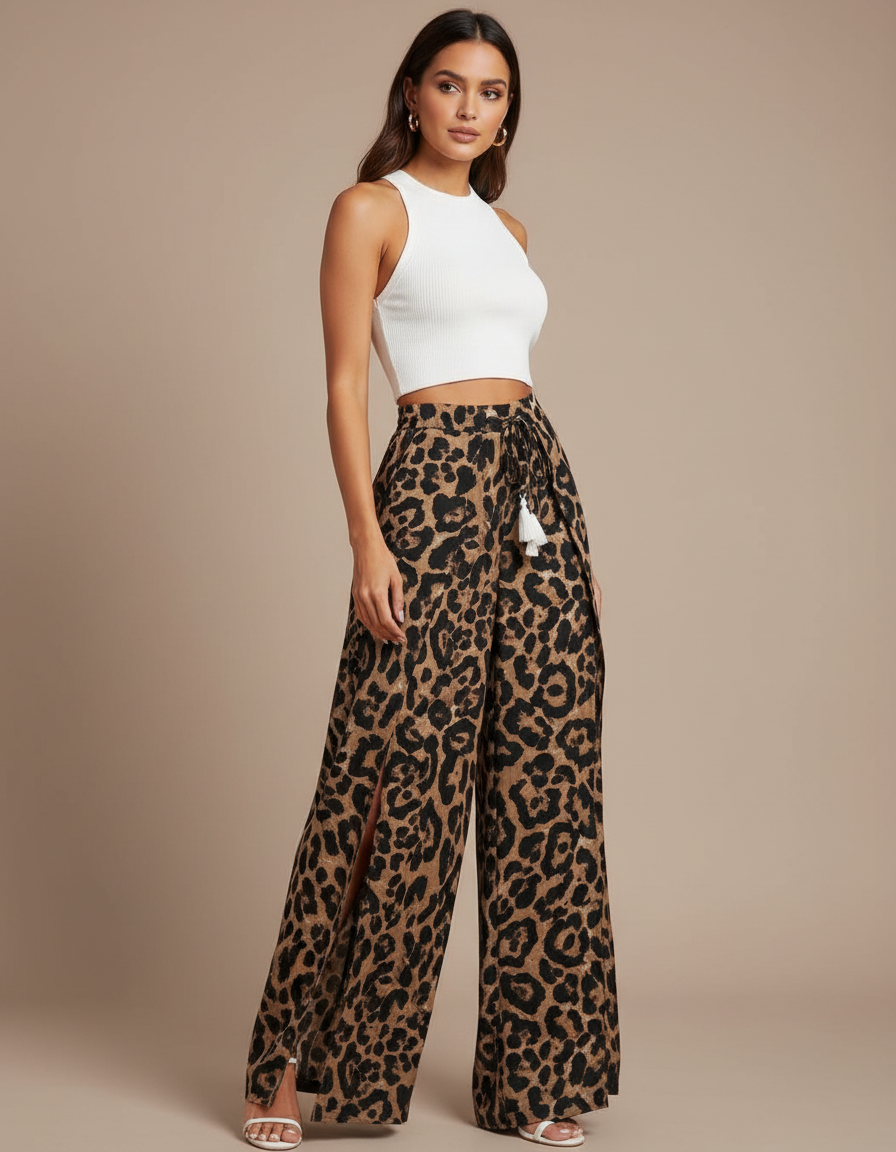 Pantalon Fluide Léopard Fendu Large Taille Haute - Imprimé Viscose