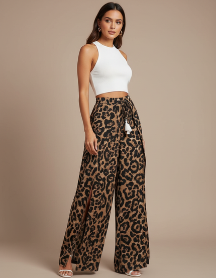 Pantalon Fluide Léopard Fendu Large Taille Haute - Imprimé Viscose