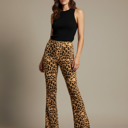 Pantalon Fluide Léopard Taille Haute Évasé Sexy - Imprimé Maille
