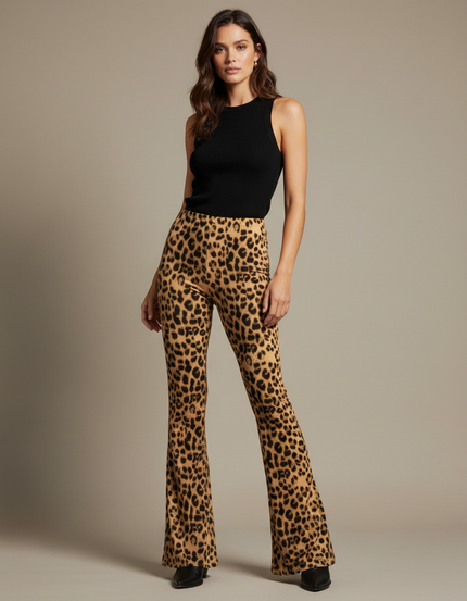 Pantalon Fluide Léopard Taille Haute Évasé Sexy - Imprimé Maille