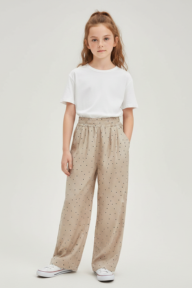 Pantalon Fluide Beige Large Pois Fille Décontracté - Viscose