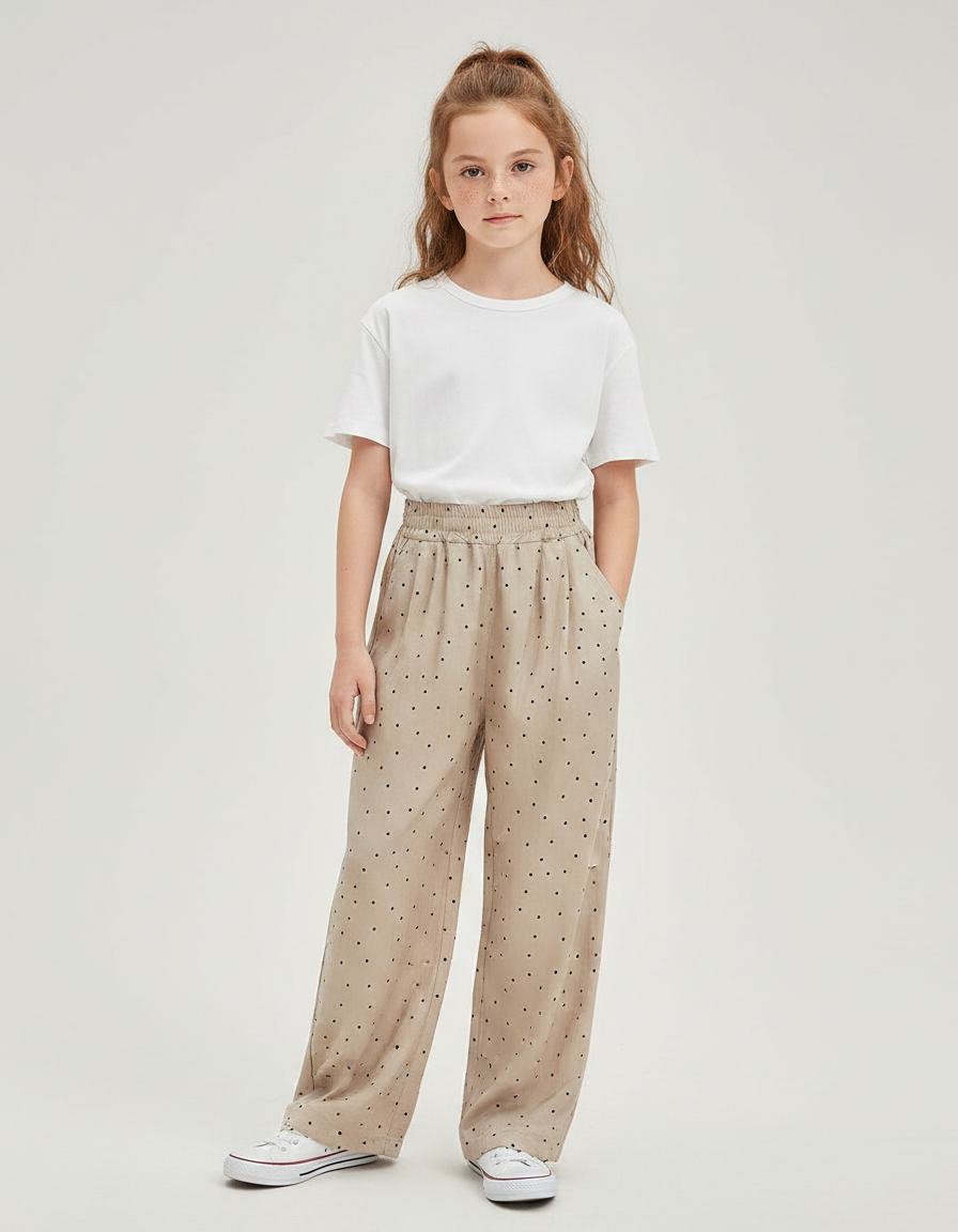 Pantalon Fluide Beige Large Pois Fille Décontracté - Viscose