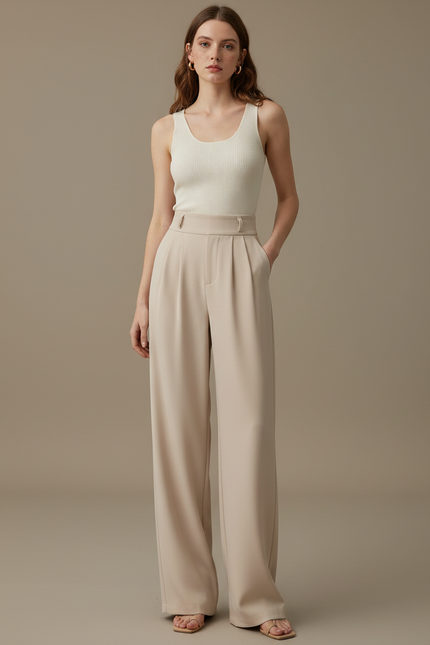 Pantalon Fluide Femme Beige Palazzo Viscose - Polyester