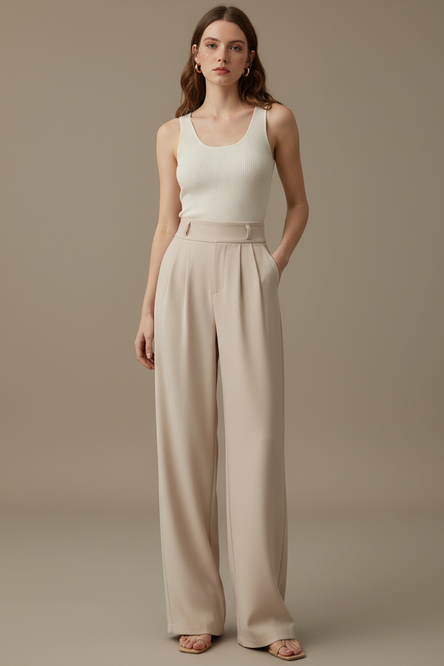 Pantalon Fluide Femme Beige Palazzo Viscose - Polyester