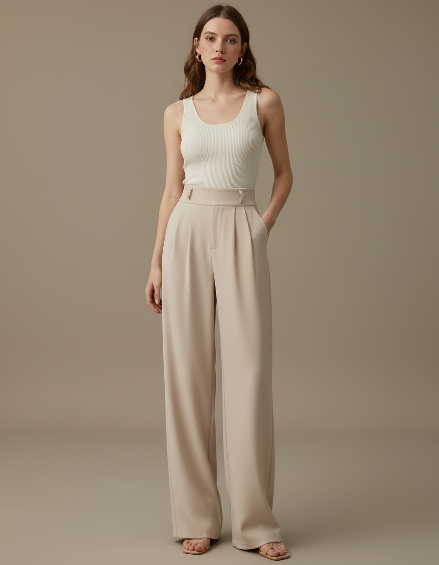 Pantalon Fluide Femme Beige Palazzo Viscose - Polyester