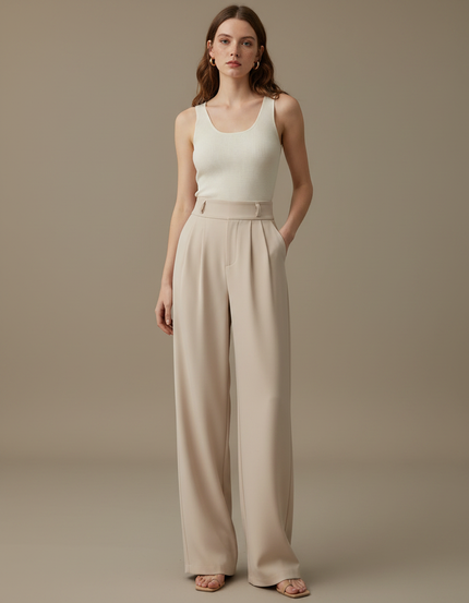 Pantalon Fluide Femme Beige Palazzo Viscose - Polyester