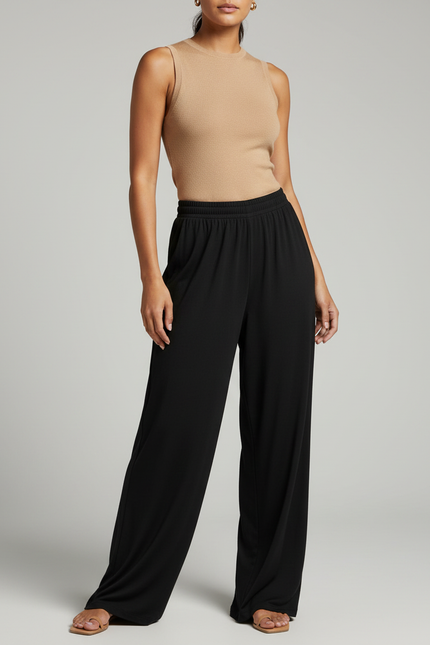 Pantalon Fluide Noir Ample Taille Haute Décontracté Élégant - Viscose