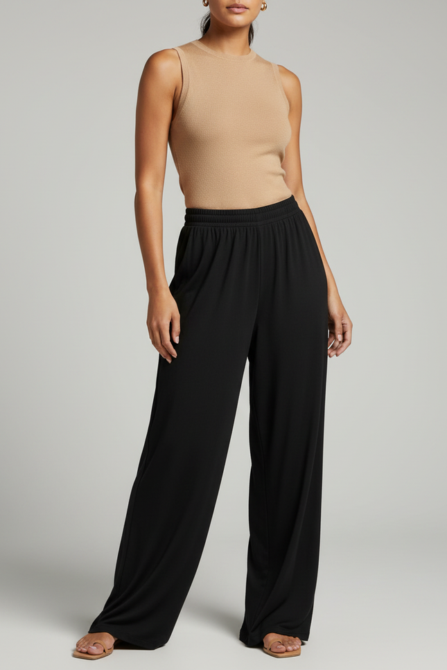 Pantalon Fluide Noir Ample Taille Haute Décontracté Élégant - Viscose