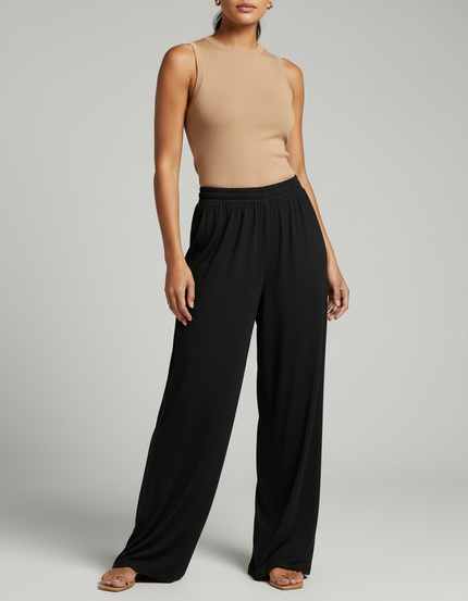 Pantalon Fluide Noir Ample Taille Haute Décontracté Élégant - Viscose