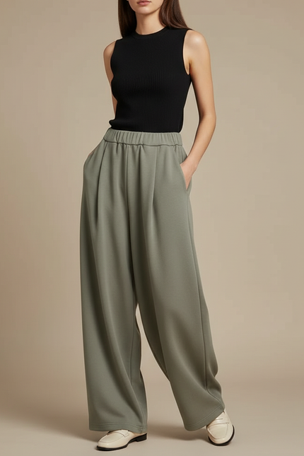 Pantalon Fluide Vert Ample Taille Haute Femme - Kaki Molleton