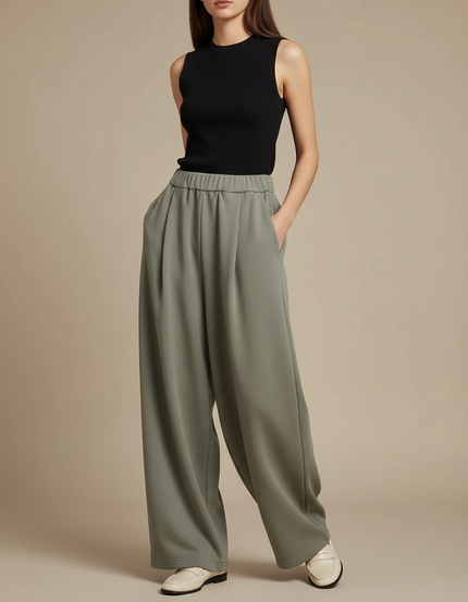 Pantalon Fluide Vert Ample Taille Haute Femme - Kaki Molleton