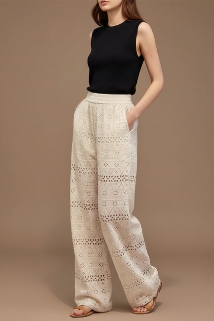 Pantalon Fluide Écru Brodé Ample Bohème Femme - Beige Coton