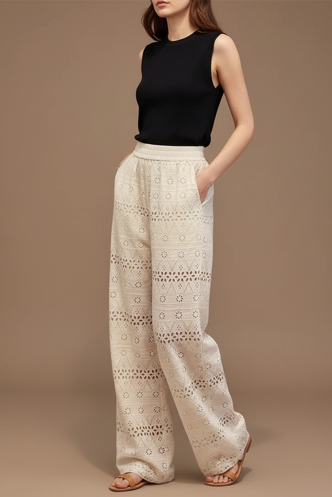 Pantalon Fluide Écru Brodé Ample Bohème Femme - Beige Coton