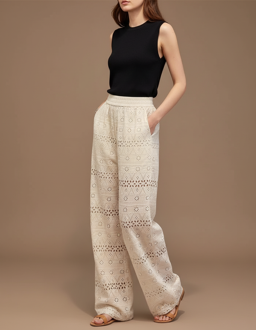 Pantalon Fluide Écru Brodé Ample Bohème Femme - Beige Coton