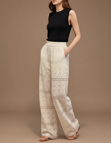 Pantalon Fluide Écru Brodé Ample Bohème Femme - Beige Coton