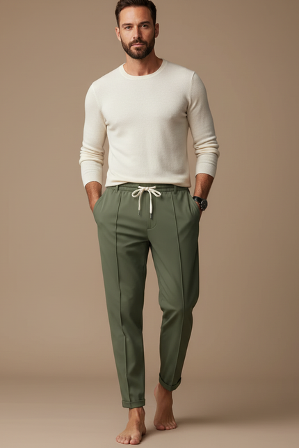 Pantalon Fluide Vert Kaki Droit Cordon Décontracté Homme - Viscose