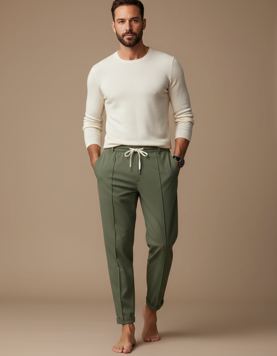 Pantalon Fluide Vert Kaki Droit Cordon Décontracté Homme - Viscose