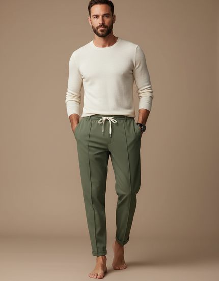 Pantalon Fluide Vert Kaki Droit Cordon Décontracté Homme - Viscose