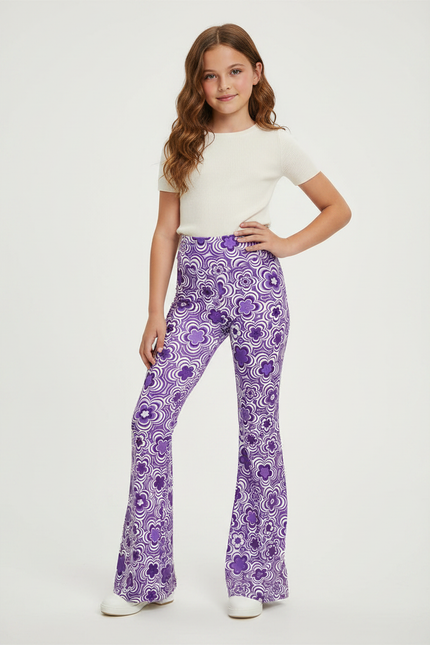 Pantalon Fluide Violet Floral Évasé Confortable Fille - Polyester