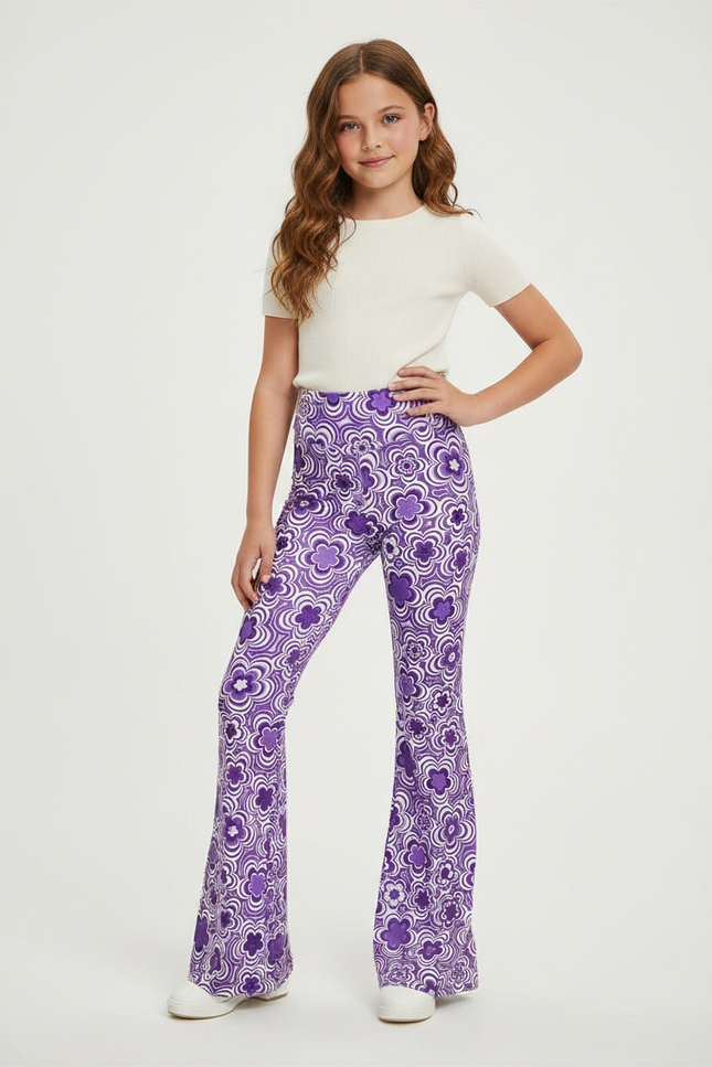 Pantalon Fluide Violet Floral Évasé Confortable Fille - Polyester