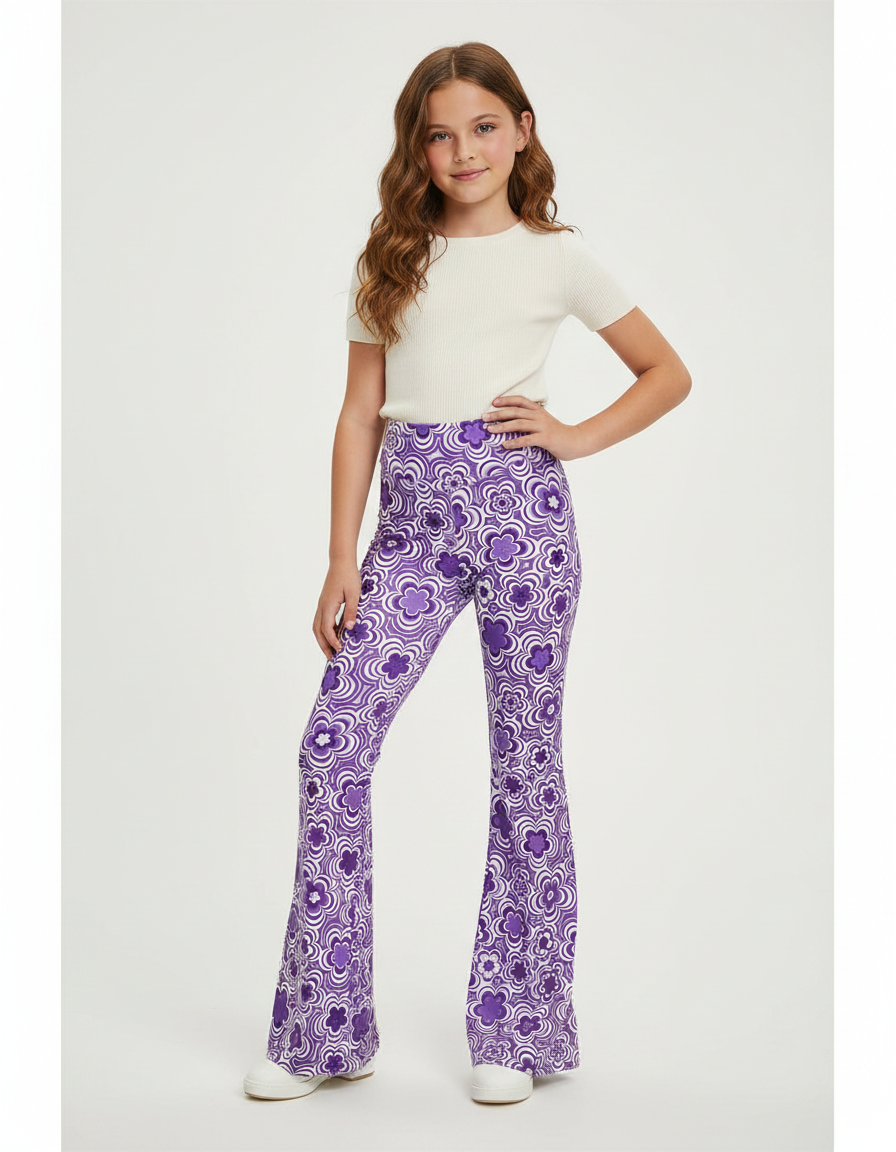 Pantalon Fluide Violet Floral Évasé Confortable Fille - Polyester