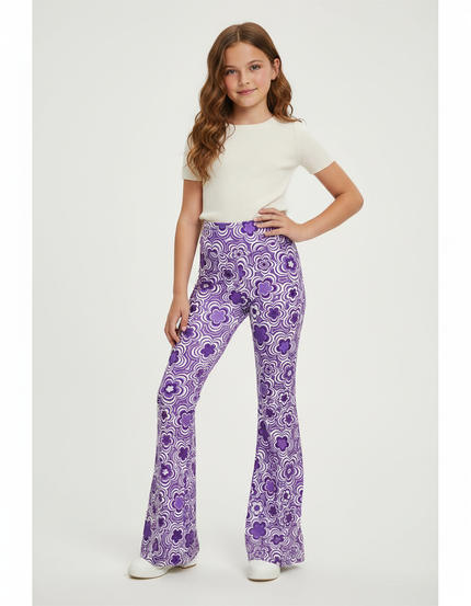 Pantalon Fluide Violet Floral Évasé Confortable Fille - Polyester