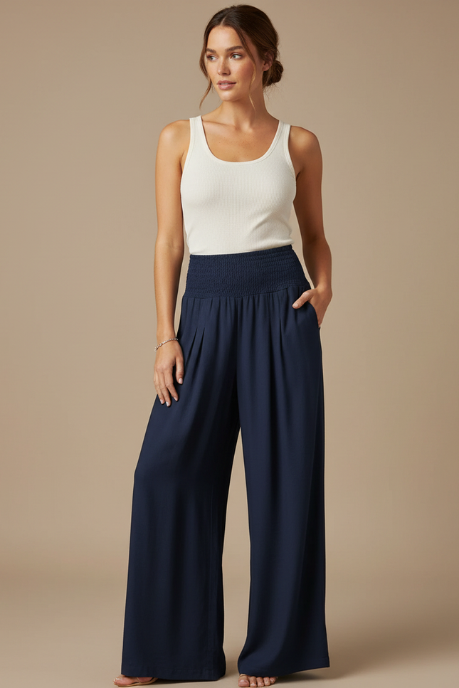 Pantalon Fluide Bleu Marine Ample Taille Haute - Viscose