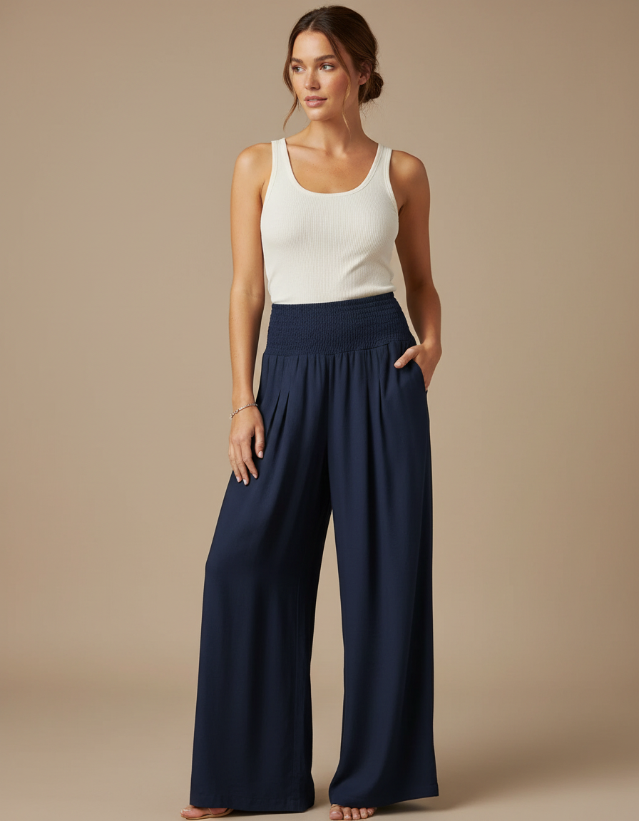 Pantalon Fluide Bleu Marine Ample Taille Haute - Viscose