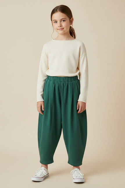 Pantalon Fluide Vert Ample Plissé Décontracté Enfant - Molleton